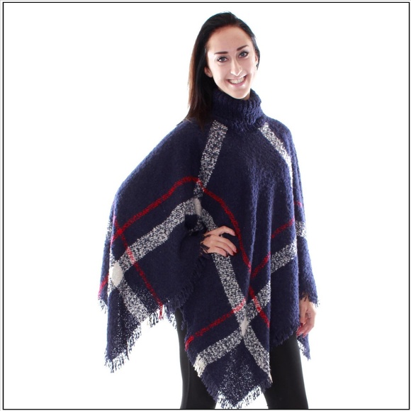 Divas Limited Sweaters - Tartan Plaid Turtleneck Poncho - Navy